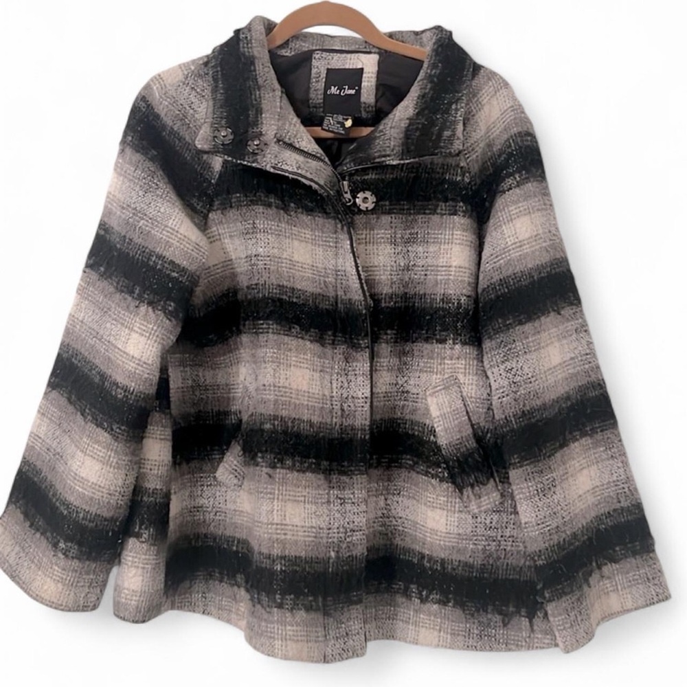 Me Jane Plaid Pea Coat Black Gray Fuzzy Oversized S